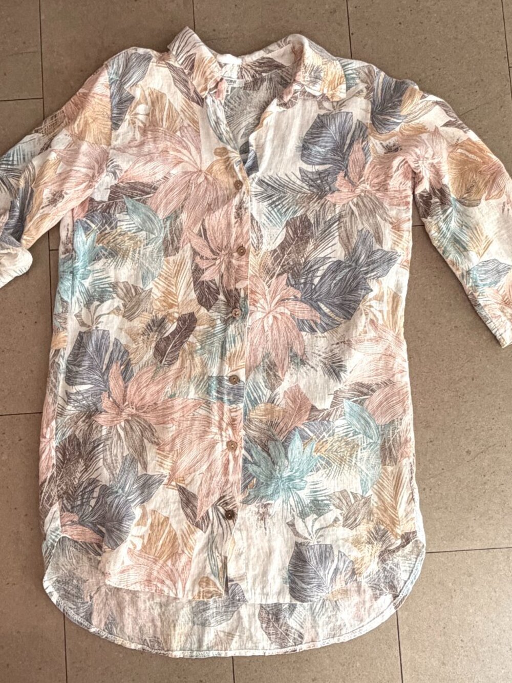 Rosemarine 100% Linen Tropical Leaf Tunic Blouse-Made in Italy-Small